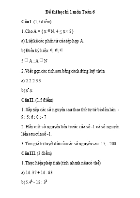 Đề thi học kì 1 môn Toán Lớp 6 - Đề 3